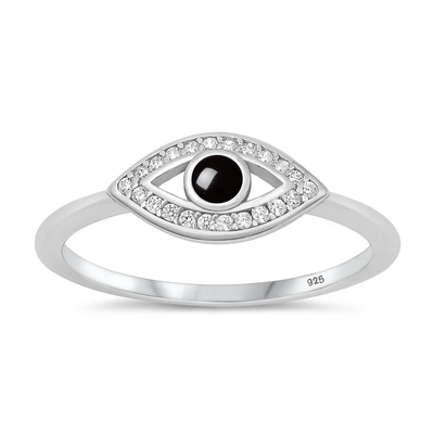 Sterling Silver Rhodium Plated Eye Black Agate And Clear CZ Stone Ring