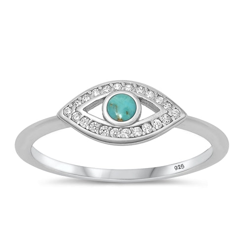 Sterling Silver Rhodium Plated Clear CZ and Genuine Turquoise Ring