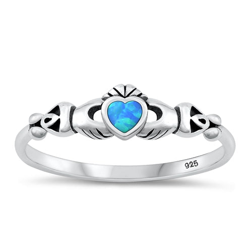 Sterling Silver Oxidized Mini Claddagh Blue Lab Opal Ring