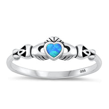 Load image into Gallery viewer, Sterling Silver Oxidized Mini Claddagh Blue Lab Opal Ring