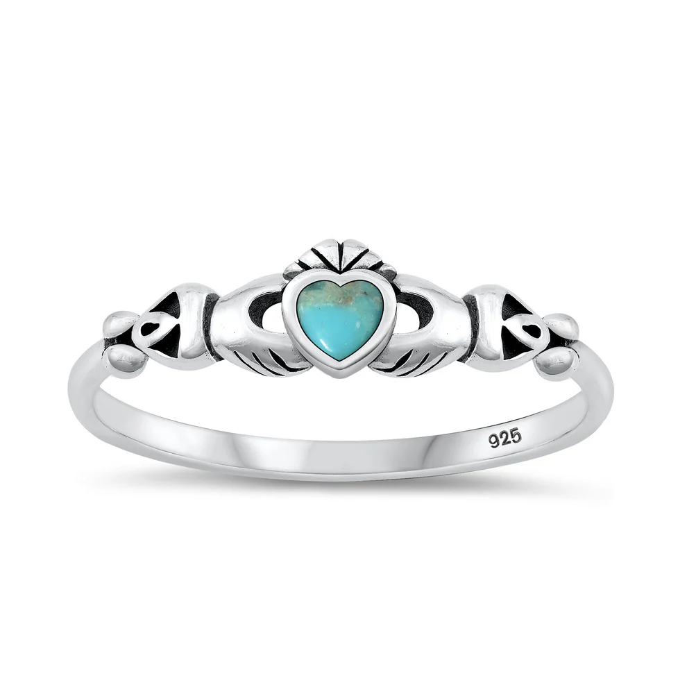 Sterling Silver Oxidized Mini Claddagh Genuine Turquoise Stone Ring