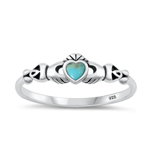 Load image into Gallery viewer, Sterling Silver Oxidized Mini Claddagh Genuine Turquoise Stone Ring