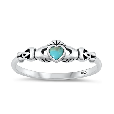 Sterling Silver Oxidized Mini Claddagh Genuine Turquoise Stone Ring