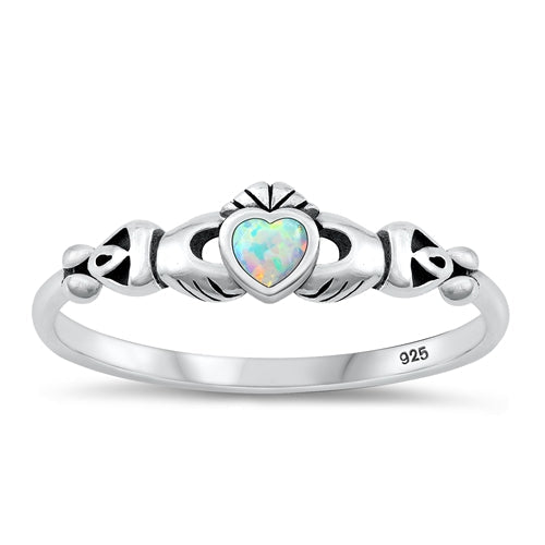 Sterling Silver Oxidized Mini Claddagh White Lab Opal Ring