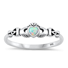 Load image into Gallery viewer, Sterling Silver Oxidized Mini Claddagh White Lab Opal Ring