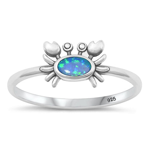 Sterling Silver Oxidized Crab Blue Lab Opal Ring-7.6mm