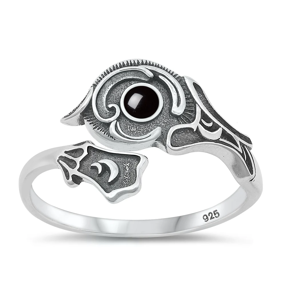 Sterling Silver Oxidized 14.6mm Black Agate Stone Ring