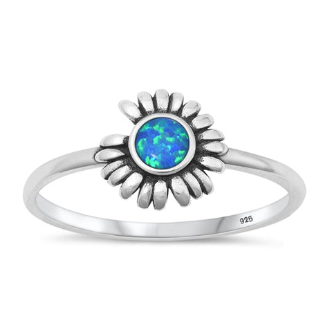 Sterling Silver Oxidized Flower Blue Lab Opal Ring-9.6mm