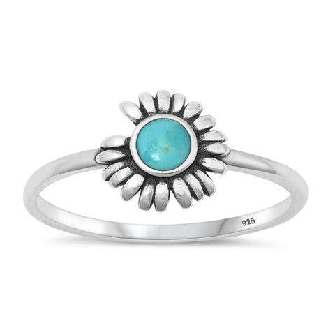 Sterling Silver Oxidized Flower Genuine Turquoise Ring-9.6mm