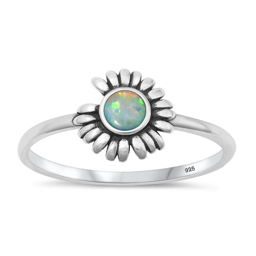 Sterling Silver Oxidized Flower White Lab Opal Ring-9.6mm