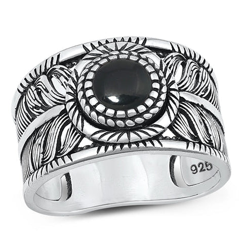 Sterling Silver Oxidized Black Agate Ring-13.7mm