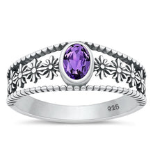 Load image into Gallery viewer, Sterling Silver Oxidized Flower Genuine Amethyst Ring-8.2mm