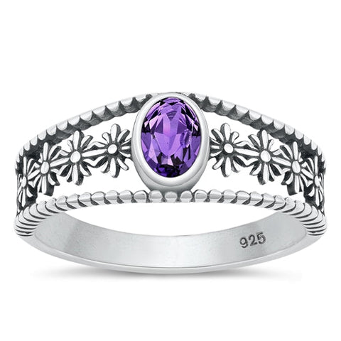 Sterling Silver Oxidized Flower Genuine Amethyst Ring-8.2mm