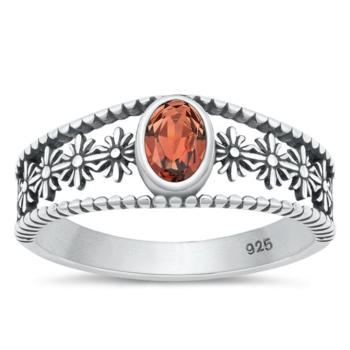 Sterling Silver Oxidized Flower Genuine Garnet Ring-8.2mm