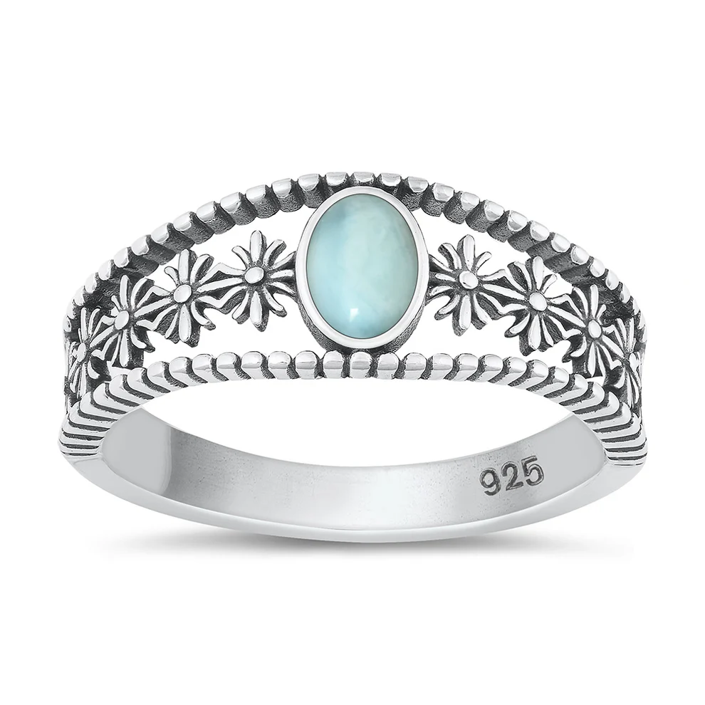 Sterling Silver Oxidized Genuine Larimar Stone Ring