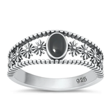 Sterling Silver Oxidized Flowers Black Agate Stone Ring