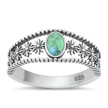 Load image into Gallery viewer, Sterling Silver Oxidized Flowers Genuine Turquoise Stone Ring