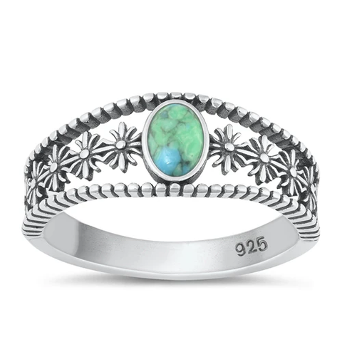 Sterling Silver Oxidized Flowers Genuine Turquoise Stone Ring