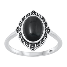 Load image into Gallery viewer, Sterling Silver Oxidized 16.2mm Oval Black Agate Stone Ring