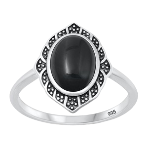 Sterling Silver Oxidized 16.2mm Oval Black Agate Stone Ring