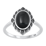 Sterling Silver Oxidized 16.2mm Oval Black Agate Stone Ring