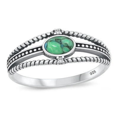 Sterling Silver Oxidized 7.8mm Genuine Turquoise And Clear CZ Stone Ring