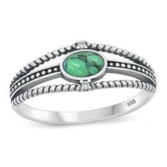 Sterling Silver Oxidized 7.8mm Genuine Turquoise And Clear CZ Stone Ring