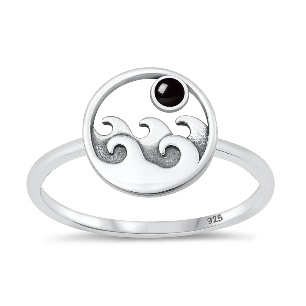 Sterling Silver Oxidized Waves Black Agate Stone Ring