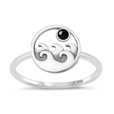 Sterling Silver Oxidized Waves Black Agate Stone Ring