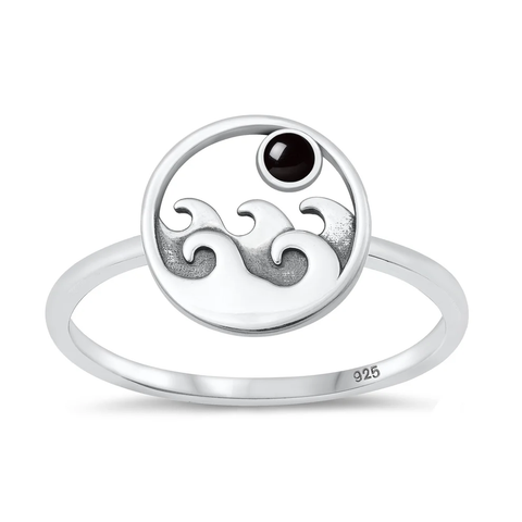 Sterling Silver Oxidized Waves Black Agate Stone Ring