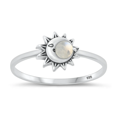 Sterling Silver Oxidized Moon Moonstone Stone Ring