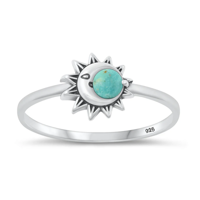 Sterling Silver Oxidized Moon Genuine Turquoise Stone Ring