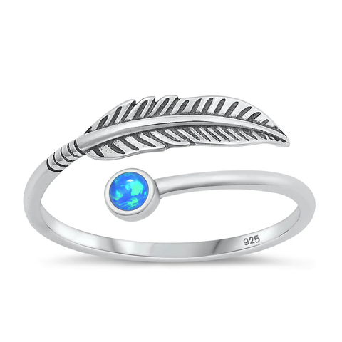 Sterling Silver Oxidized Feather Blue Lab Opal Ring