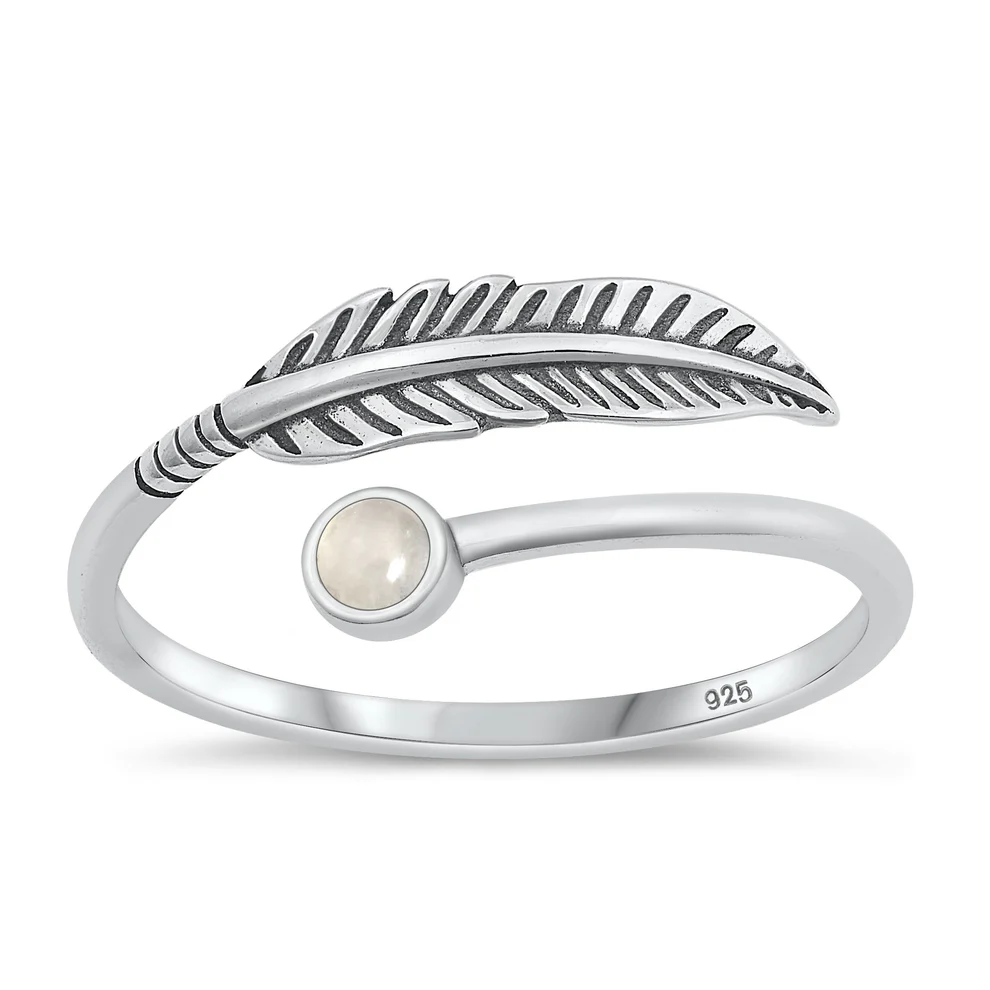 Sterling Silver Oxidized Feather Moonstone Ring
