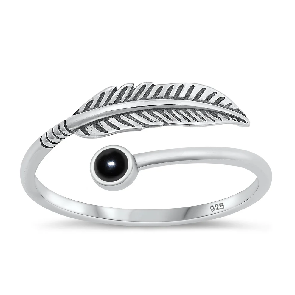 Sterling Silver Oxidized Feather Black Agate Stone Ring