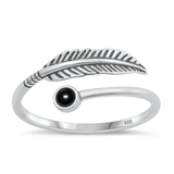 Sterling Silver Oxidized Feather Black Agate Stone Ring