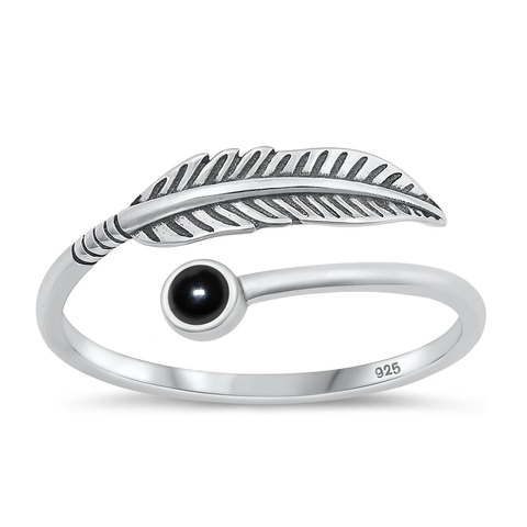 Sterling Silver Oxidized Feather Black Agate Stone Ring