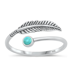 Sterling Silver Oxidized 10mm Feather Genuine Turquoise Stone Ring