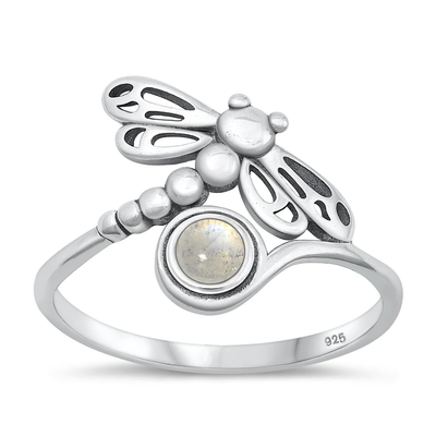 Sterling Silver Oxidized Dragonfly Moonstone Stone Ring