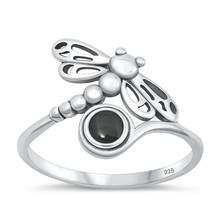 Load image into Gallery viewer, Sterling Silver Oxidized 15.3mm Dragonfly Black Agate Stone Ring
