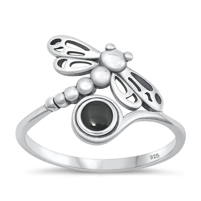 Sterling Silver Oxidized 15.3mm Dragonfly Black Agate Stone Ring