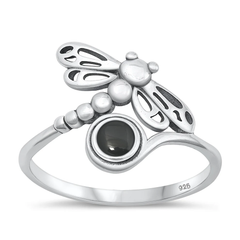 Sterling Silver Oxidized 15.3mm Dragonfly Black Agate Stone Ring