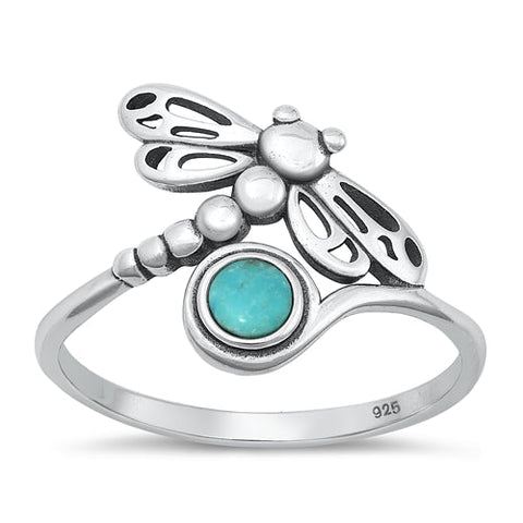 Sterling Silver Oxidized Dragonfly Genuine Turquoise Ring-15.3mm