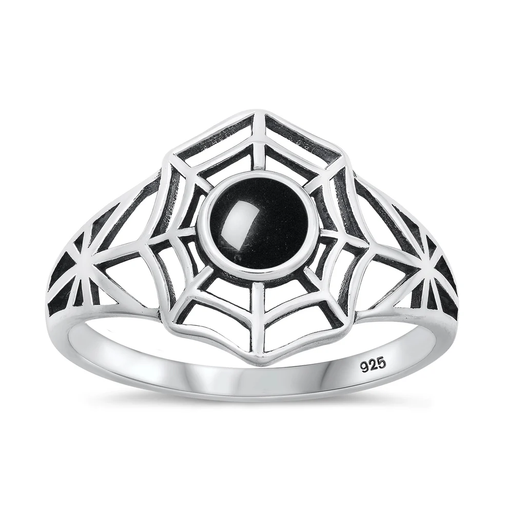 Sterling Silver Oxidized Spiderweb Black Agate Stone Ring