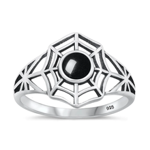 Load image into Gallery viewer, Sterling Silver Oxidized Spiderweb Black Agate Stone Ring