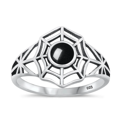 Sterling Silver Oxidized Spiderweb Black Agate Stone Ring