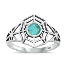 Load image into Gallery viewer, Sterling Silver Oxidized 14.7mm Spiderweb Genuine Turquoise Stone Ring
