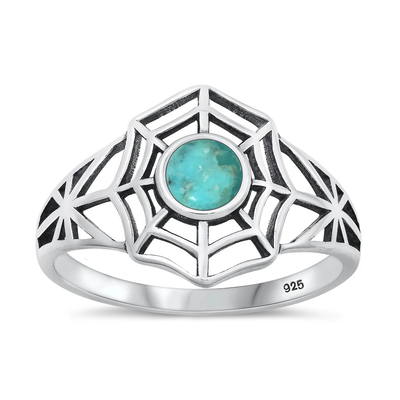 Sterling Silver Oxidized 14.7mm Spiderweb Genuine Turquoise Stone Ring
