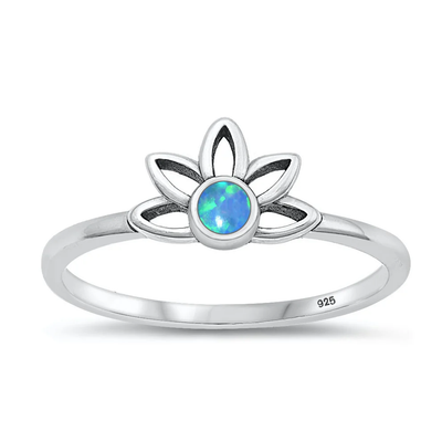 Sterling Silver Oxidized Half Flower Blue Lab Opal Ring