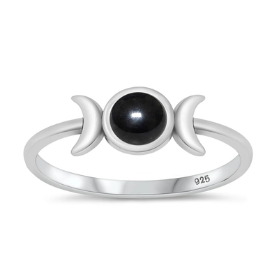 Sterling Silver Oxidized 6.2mm Moon Black Agate Stone Ring